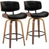 Lombardi 26" Swivel Counter Stool in Walnut Wood & Black Leatherette with Black Footrest (Set of 2)
